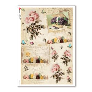 FLOWERS-0333. Carta di riso vittoriana fiori per decoupage.